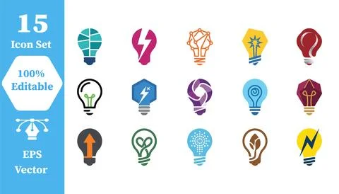 Set of 15 modern light bulb innovation and creative idea graphic icons Stock Illustration