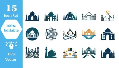 Set of 15 mosque and islamic architecture icons with architecture, building Stock Illustration