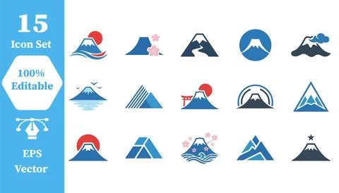 Set of 15 mount fuji icons vector illustration with mountain, landscape Stock Illustration