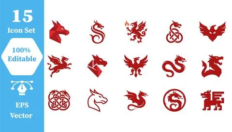 Set of 15 mythical dragon and fantasy creature icons with creature, mythical Stock-Illustration