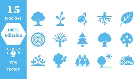 Set of 15 nature tree sapling and growth icons with environment, collection Stock Illustration