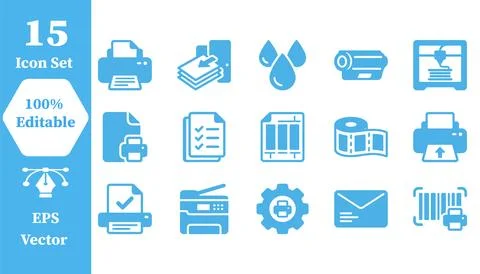 Set of 15 printer and office document management flat icons with document Illustrazione stock