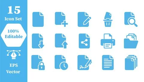 Set of 15 professional digital document file icons with document, management Illustrazione stock