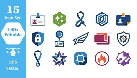 Set of 15 professional identity and security flat icons with identity, securi Stock Illustration