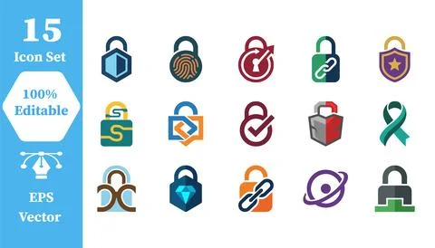 Set of 15 professional padlock security and data protection system icons Stock Illustration