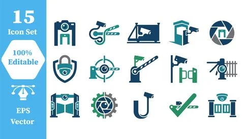 Set of 15 professional security system and surveillance icons with security Stock Illustration
