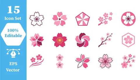 Set of 15 sakura and cherry blossom floral icons with japanese, botanical Stock Illustration