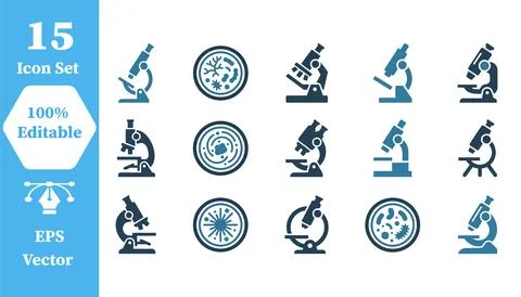 Set of 15 science and microscope laboratory icons with microscope, laboratory Stock Illustration