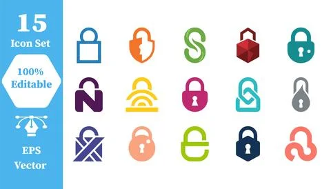 Set of 15 secure padlock protection safety privacy cyber security icons Stock Illustration