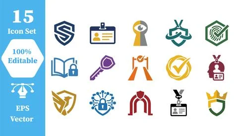 Set of 15 security and data protection icons with security protection identit Stock Illustration
