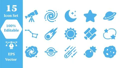Set of 15 space and astronomy flat icons for universe exploration with astr.. Stock Illustration