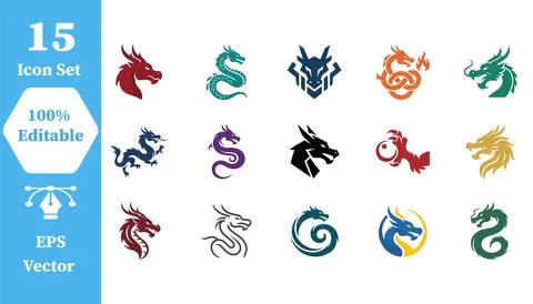 Set of 15 stylized dragon head and body icons with mythical creature mystical Stock Illustration