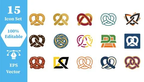 Set of 15 stylized pretzel bakery icons with culinary traditional breakfast Illustrazione stock