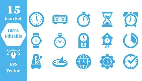 Set of 15 time and clock related flat vector icons with hourglass, stopwatch Stock Illustration
