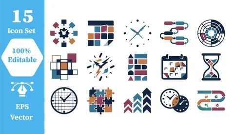 Set of 15 time management and scheduling icons with management, scheduling Stock Illustration
