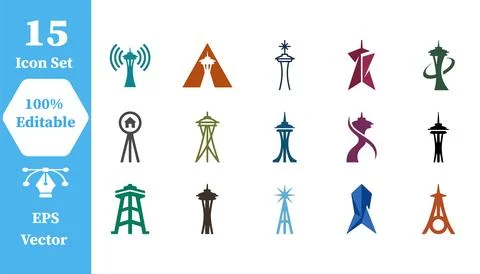 Set of 15 tower and observation structure vector icons with tower icon, bui.. Illustrazione stock