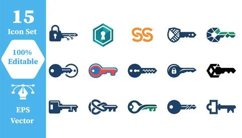 Set of 15 various house and digital door security key icon designs with sec.. Stock Illustration
