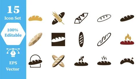 Set of 15 vector bread and bakery product icons for graphic design projects Stock Illustration