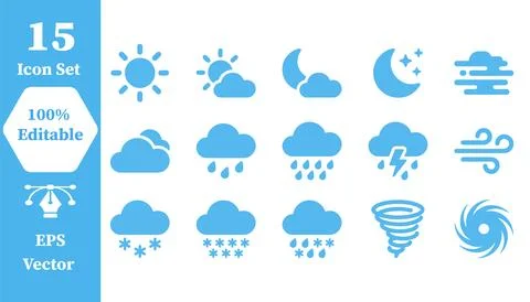 Set of 15 weather and climate condition flat vector icons with meteorology Stock Illustration