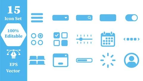 Set of 15 website component and control icons in blue with controls, componen Stock Illustration