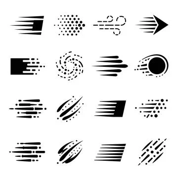 Set of 16 abstract motion blur speed lines, arrows, and particle effects ic.. Stock Illustration