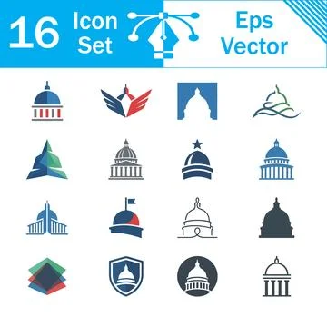 Set of 16 architectural dome and government building vector icons in blue Ilustración de archivo