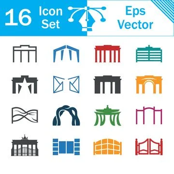 Set of 16 architectural gateway and historical monument vector icons Stock Illustration
