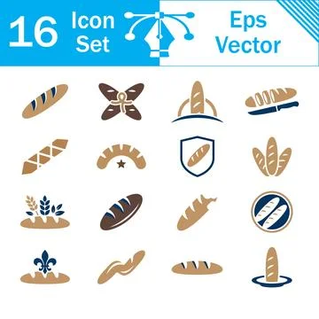 Set of 16 artisanal bread and wheat vector icons in blue and brown with iso.. Stockillustratie