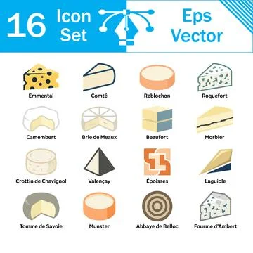 Set of 16 assorted cheese icons with names in vector format Stock Illustration