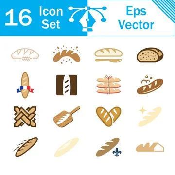 Set of 16 bakery and bread icons featuring baguettes and loaves Stockillustratie