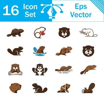 Set of 16 beaver animal vector icons and graphic symbols with wildlife Stock Illustration