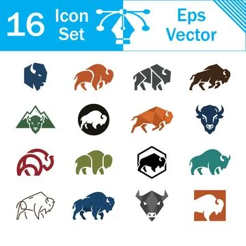 Set of 16 bison icon vector illustrations representing wildlife and animals Stock Illustration