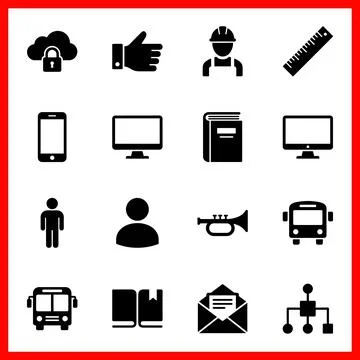 Set of 16 Black and White Icons Representing Various Concepts and Objects. Stock Illustration