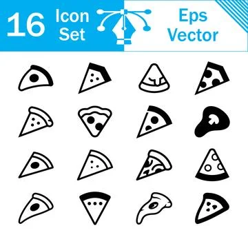 Set of 16 black and white pizza slice silhouette icons with silhouette Stock Illustration