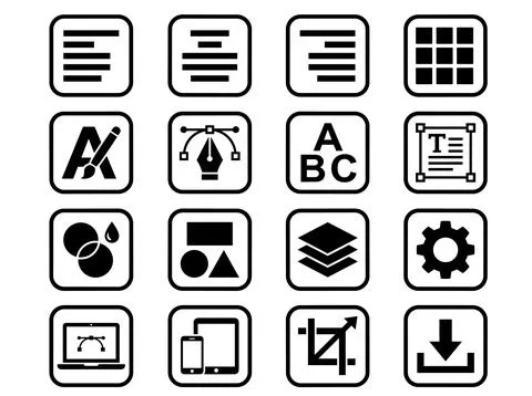 Set of 16 black and white graphic design and UI icons representing text ali.. Stock Illustration