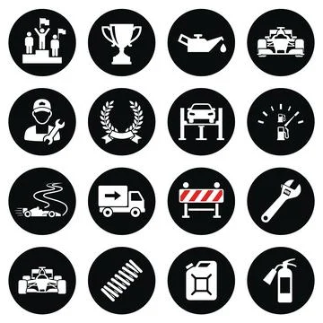 Set of 16 black and white vector icons representing automotive, racing, and.. Stock Illustration