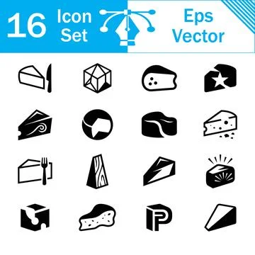 Set of 16 black cheese slice and dairy product vector icons with collection Illustrazione stock