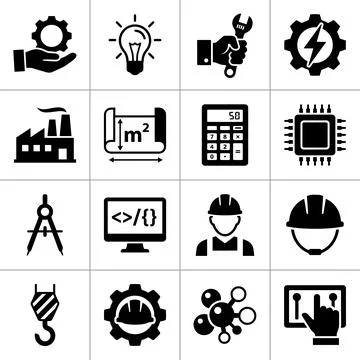 Set of 16 black engineering and technology icons including factory, bluepri.. Stock Illustration
