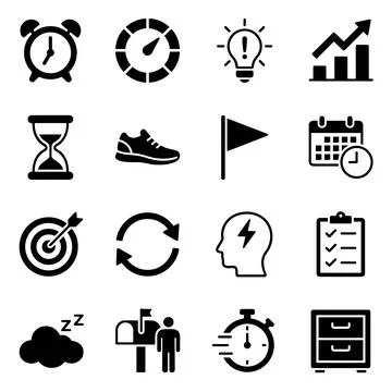 Set of 16 black flat icons representing business, time management, and prod.. Stock Illustration