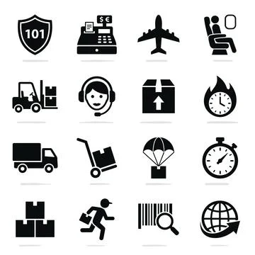 Set of 16 black logistic and delivery service icons including shield, cash .. Stock Illustration