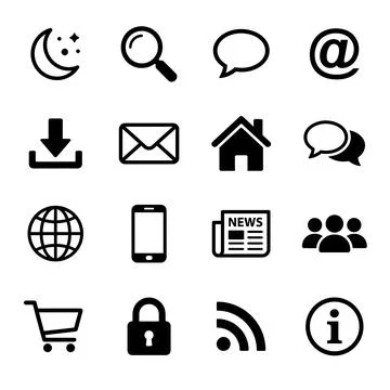 Set of 16 black simple flat icons for web and mobile applications, includin.. Stock Illustration