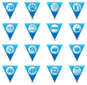 Set of 16 BLUE pointers with services icons Stock Illustration