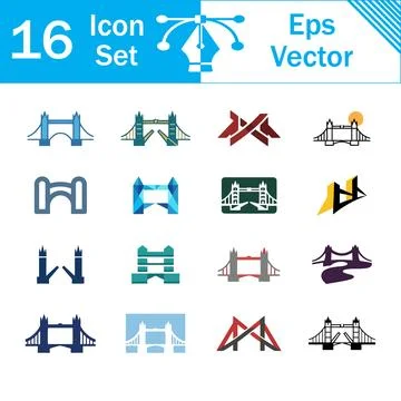Set of 16 bridge icons featuring flat and outline vector designs Stock Illustration