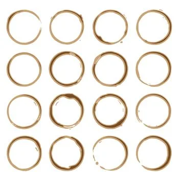 Set of 16 brown coffee cup stains. Vector drink ring textures isolated for cafe 스톡 일러스트