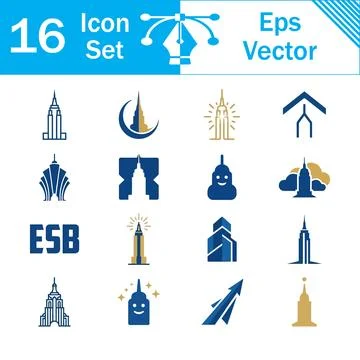 Set of 16 building and skyscraper architecture vector icon illustrations イラスト素材