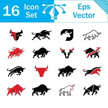 Set of 16 bull and taurus animal icons and symbols vector with wildlife Stock Illustration
