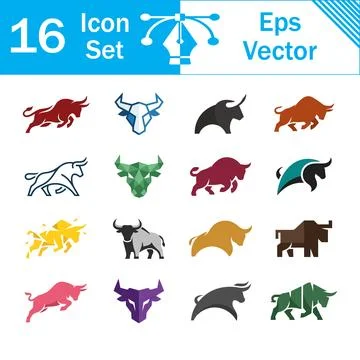 Set of 16 bull vector icons in colorful flat design with collection Stock Illustration