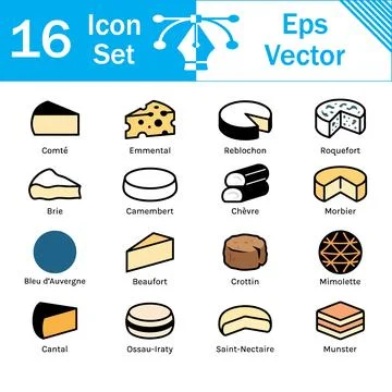 Set of 16 cheese varieties and types vector icons with collection Illustrazione stock