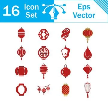 Set of 16 chinese new year red lantern vector graphic symbols with sixteen re Stock Illustration