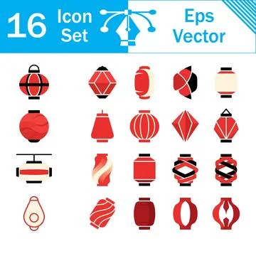 Set of 16 chinese red and black lantern vector icons with sixteen asian style Stock Illustration